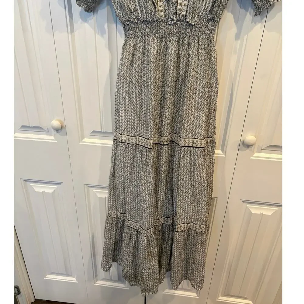 Max Studio White, Yellow and Black Short Sleeve V Neck  Maxi Dress Size Small‎
